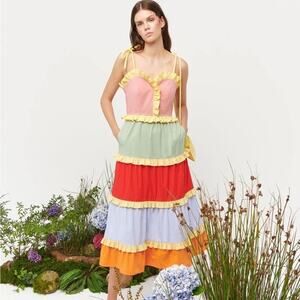 Celia B Colorblock Tiered Ruffle Cotton Maxi Dress Rainbow S NWT